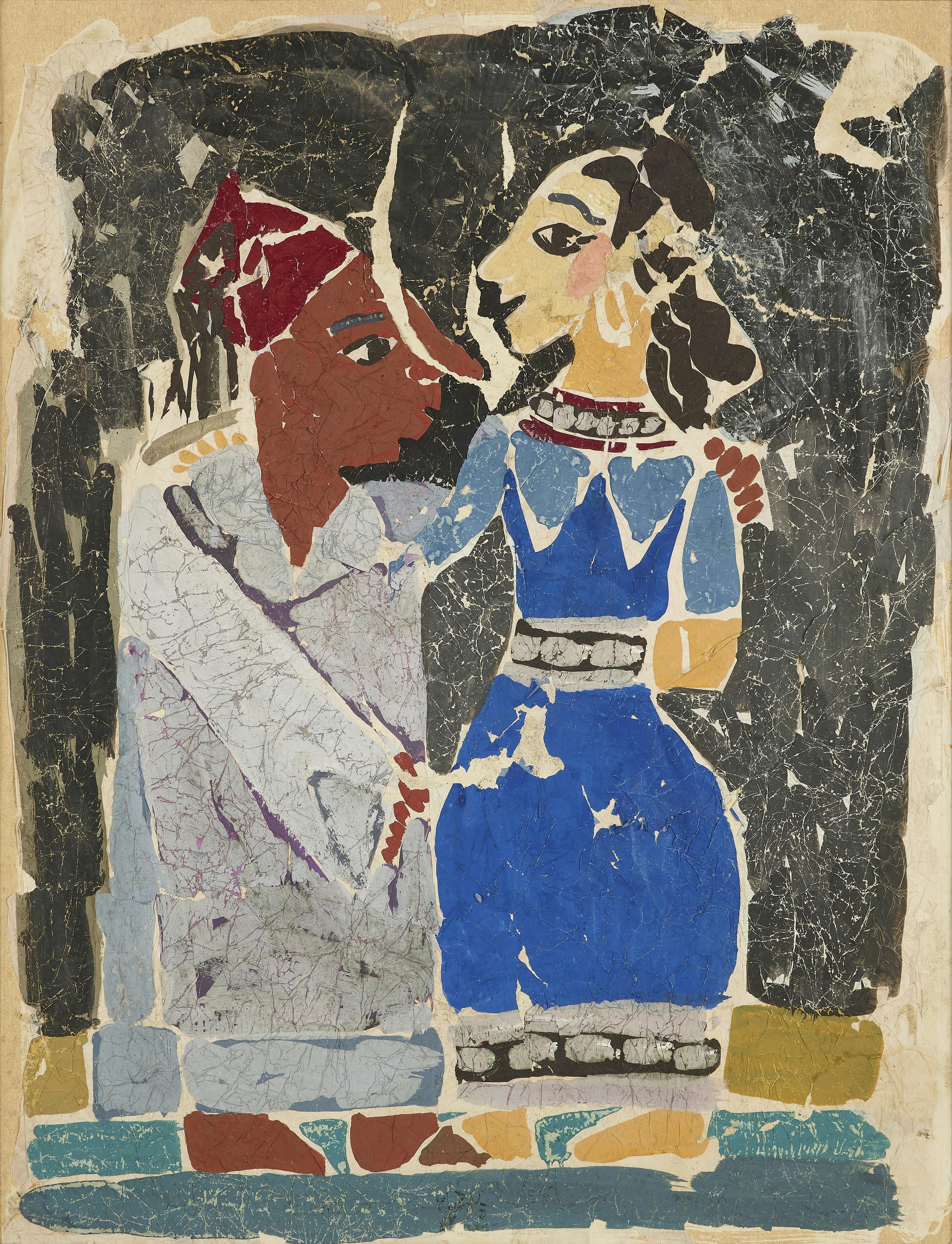 Hamed Abdalla, Les Amants de Shemm Ennessim, 1953, Gouache auf Seidenpapier auf Karton, 39 x 30 cm, Artist estate, Foto: Emmanuel Littot © Artist estate