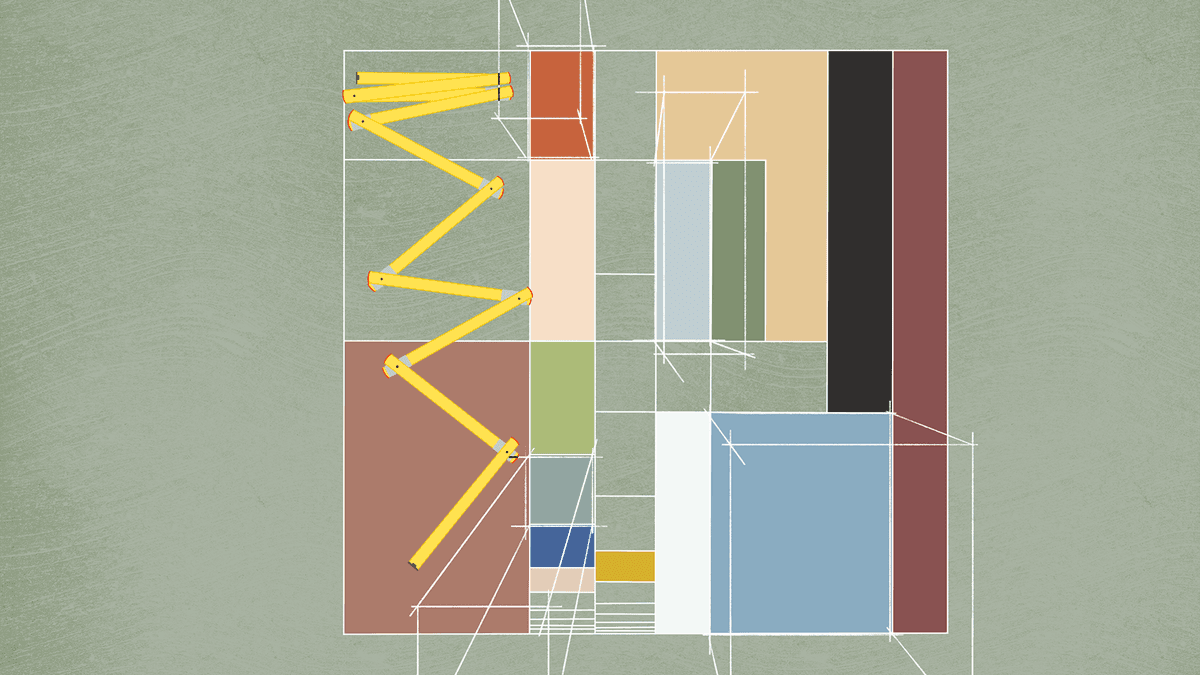 Geometrische Formen in Braun, Grün, Orange und Blau auf einem grünen Hintergrund