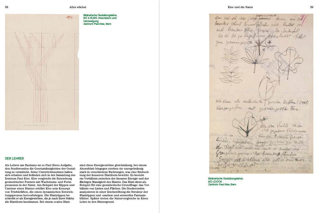 Seite mit Bildern aus Klees Notizen für seine Bildnerische Gestaltungslehre aus dem Magazin "alles wächst"