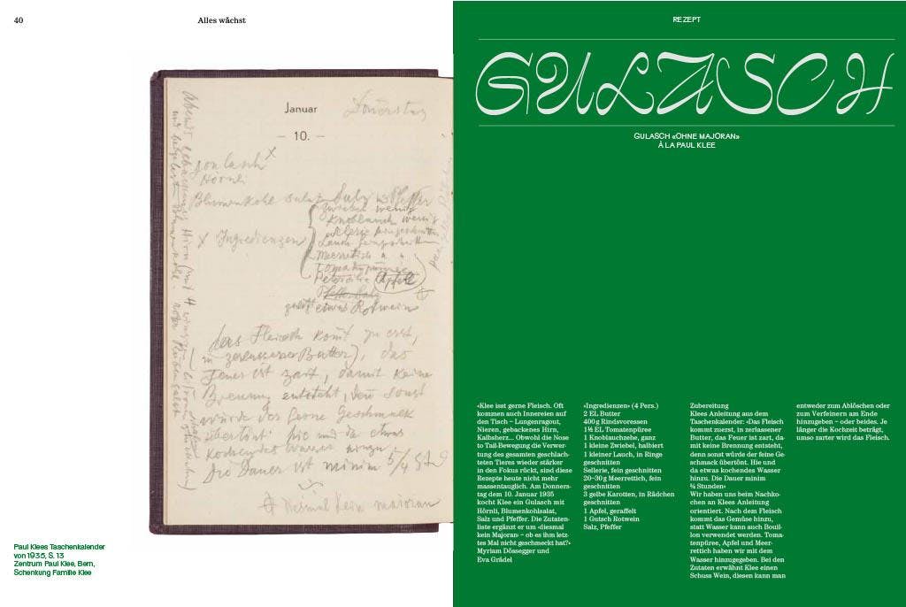 Seite mit Rezept für Gulasch und Blumenkohlsalat aus Paul Klees Taschenkalender, publiziert im Magaizin "alles wächst".