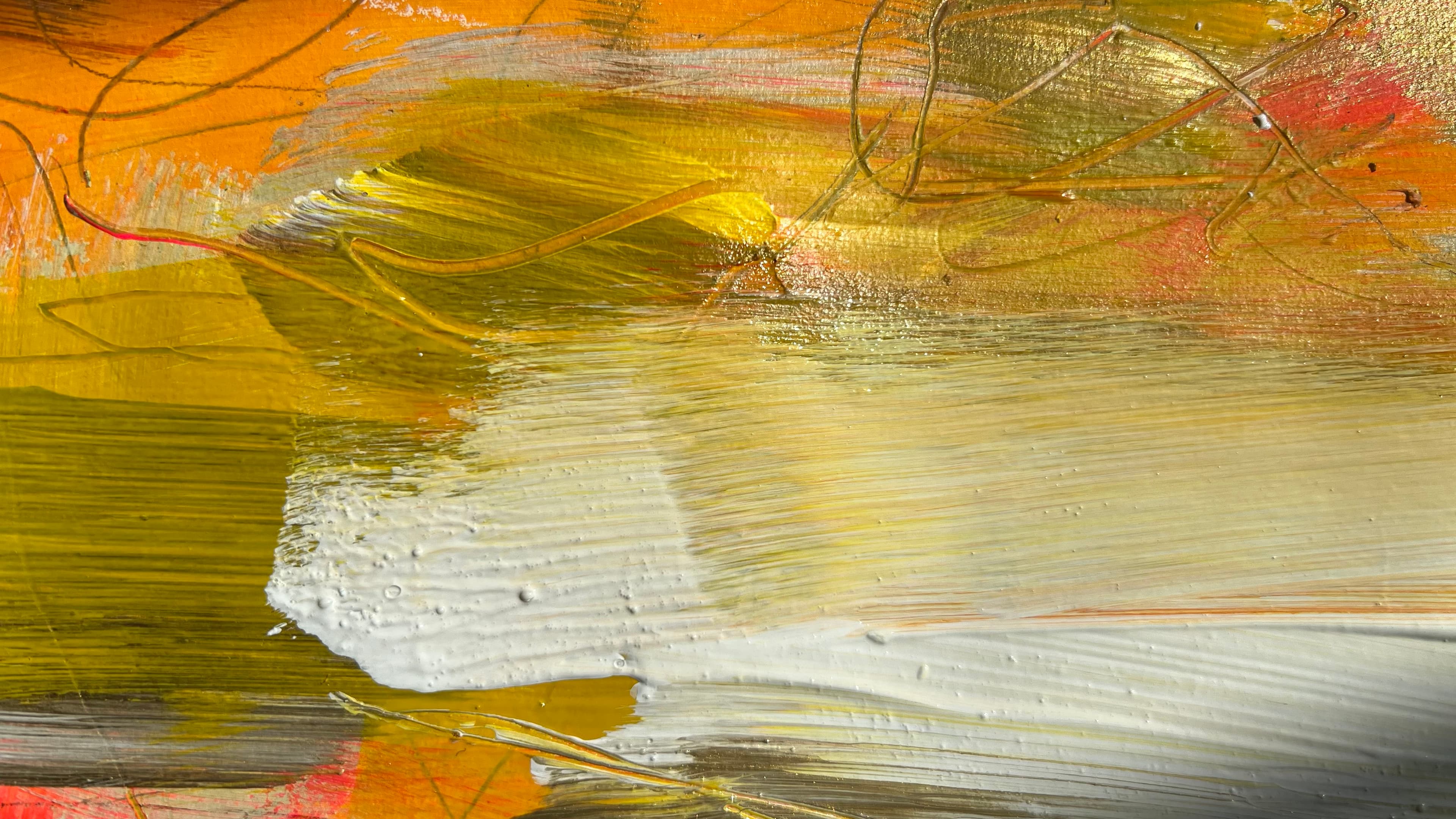 Detailaufnahme eines abstrakten Kunstwerkes in Gold, Orange, Gelb und Weiss.