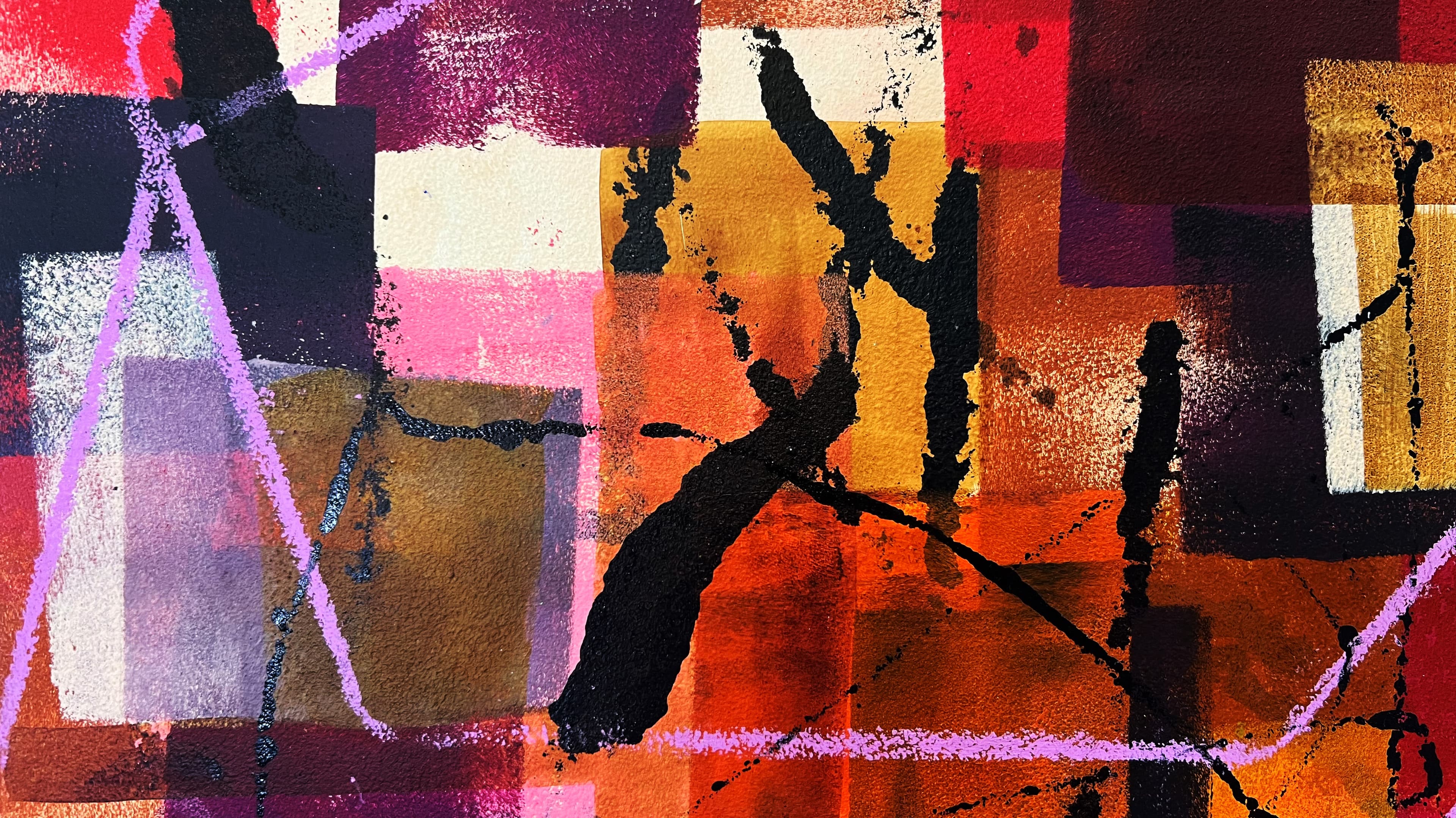 Ein abstraktes Kunstwerk in kräftigen Farben und geometrischen Formen, darüber schwarze Linien