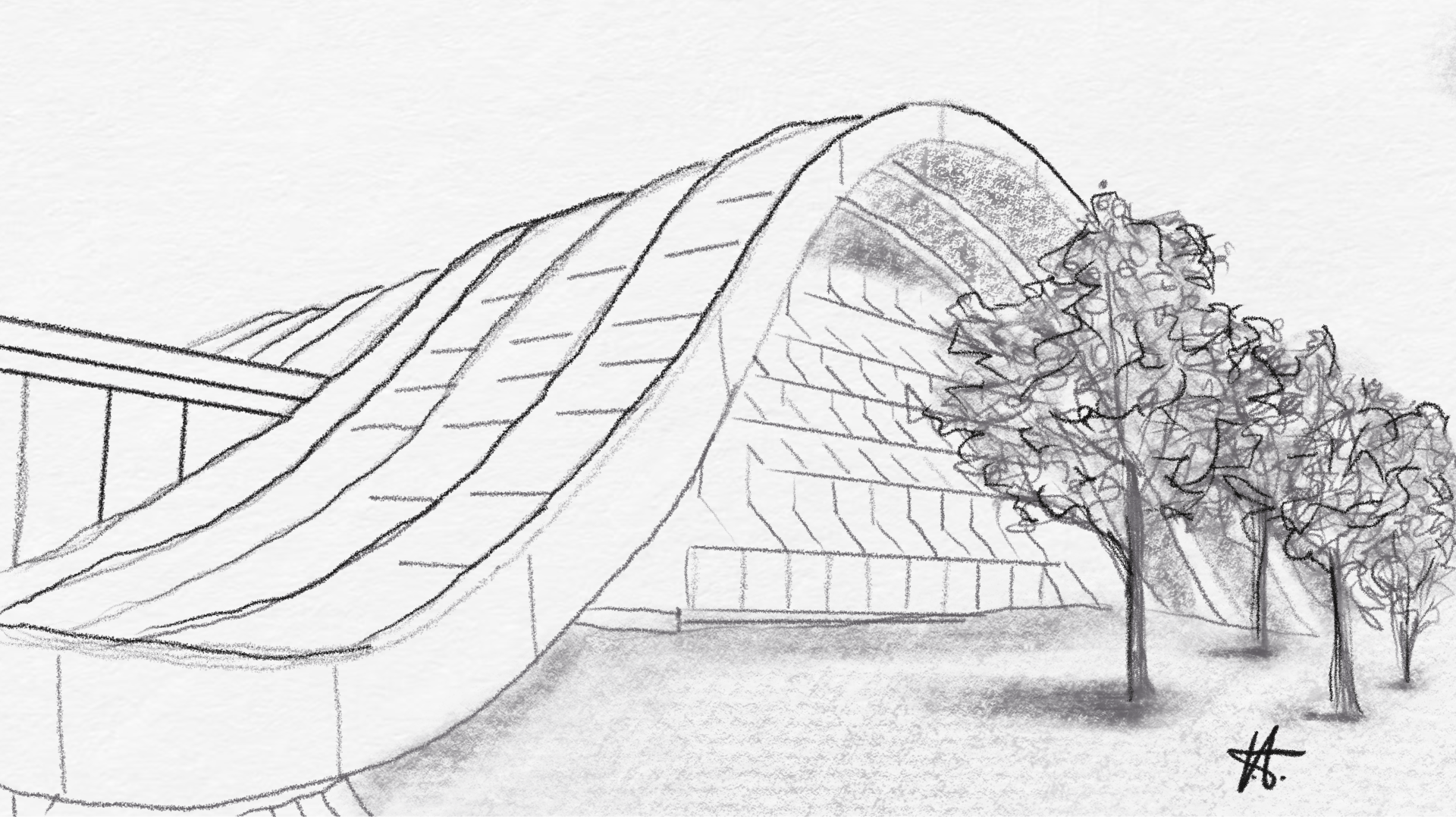 Der Südhügel des Zentrum Paul Klee als zeichnerische Skizze auf weissem Hintergrund